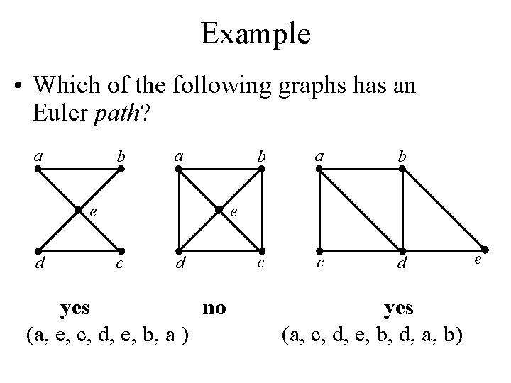 Example • Which of the following graphs has an Euler path? a b a