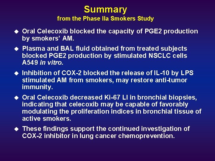 Summary from the Phase IIa Smokers Study u Oral Celecoxib blocked the capacity of