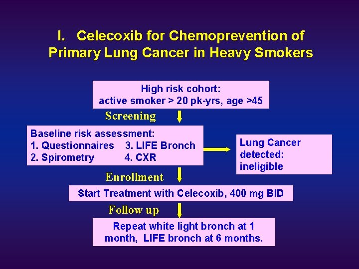 I. Celecoxib for Chemoprevention of Primary Lung Cancer in Heavy Smokers High risk cohort: