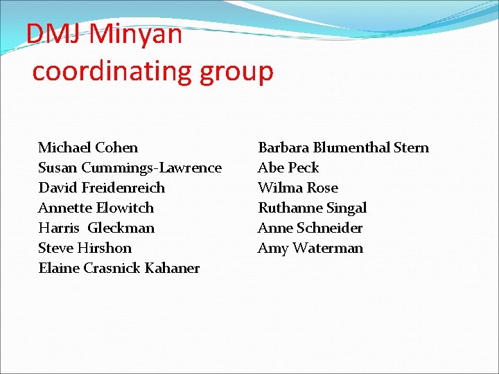 DMJ Minyan coordinating group Michael Cohen Susan Cummings-Lawrence David Freidenreich Annette Elowitch Harris Gleckman