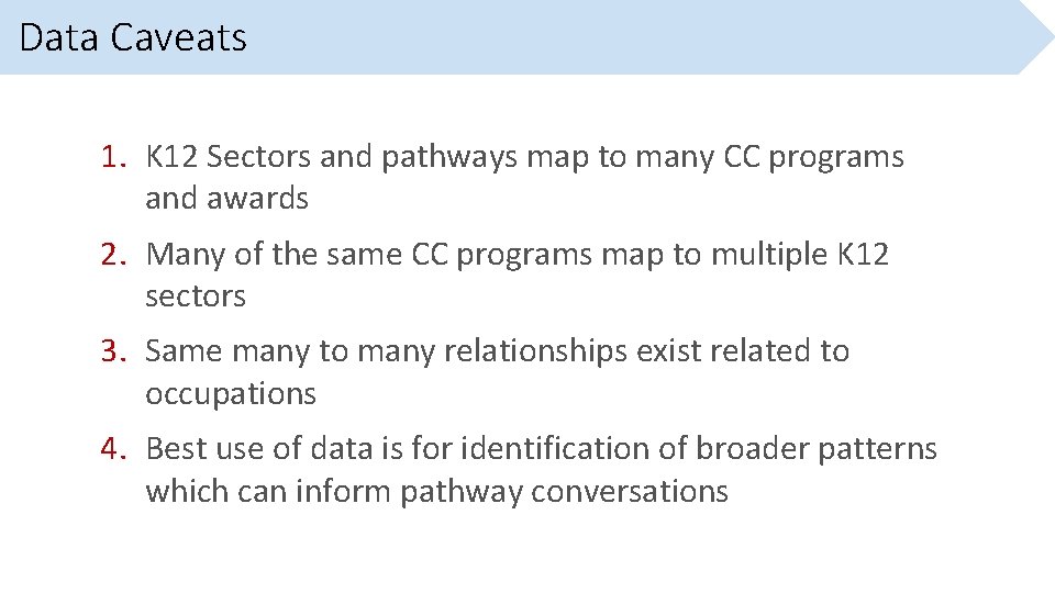 Data Caveats 1. K 12 Sectors and pathways map to many CC programs and