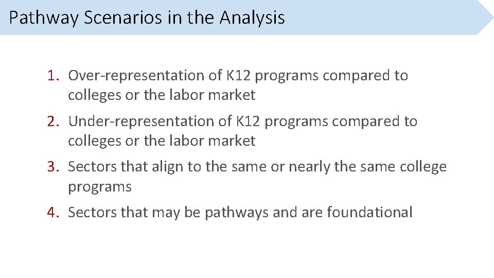 Pathway Scenarios in the Analysis 1. Over-representation of K 12 programs compared to colleges