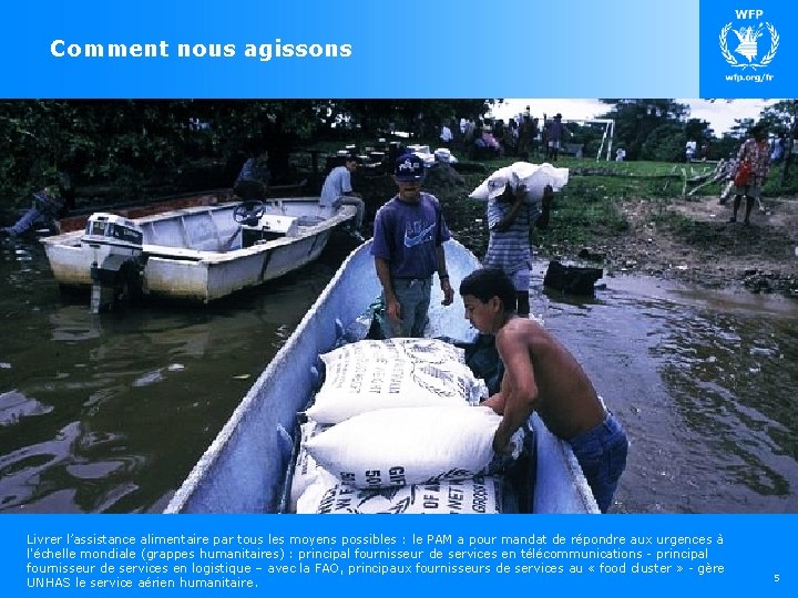 Comment nous agissons Livrer l’assistance alimentaire par tous les moyens possibles : le PAM Comment nous agissons Livrer l’assistance alimentaire par tous les moyens possibles : le PAM