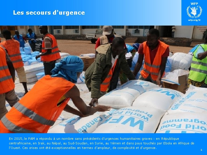 Les secours d'urgence En 2015, le PAM a répondu à un nombre sans précédents Les secours d'urgence En 2015, le PAM a répondu à un nombre sans précédents