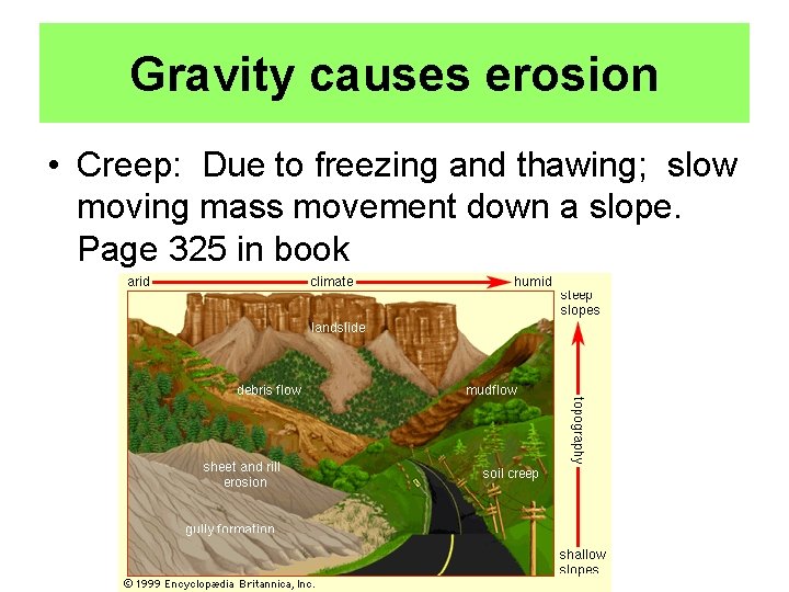 Gravity causes erosion • Creep: Due to freezing and thawing; slow moving mass movement