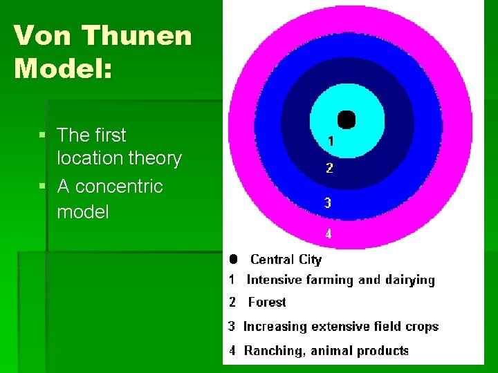 Von Thunen Model: § The first location theory § A concentric model 