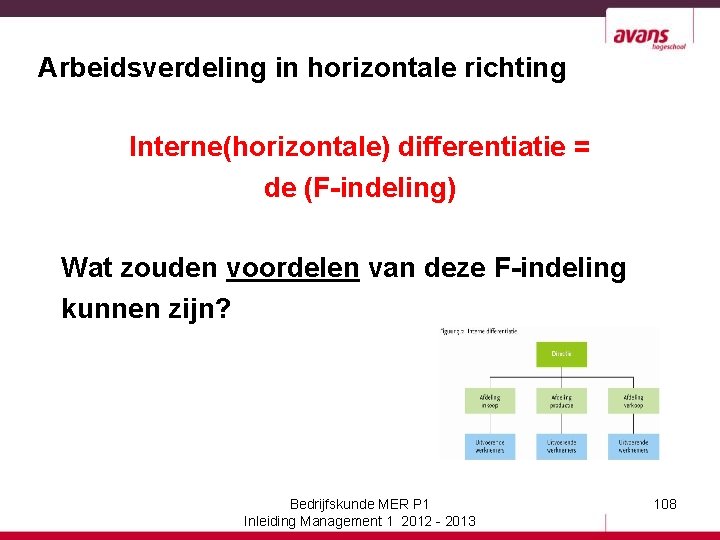 Arbeidsverdeling in horizontale richting Interne(horizontale) differentiatie = de (F-indeling) Wat zouden voordelen van deze