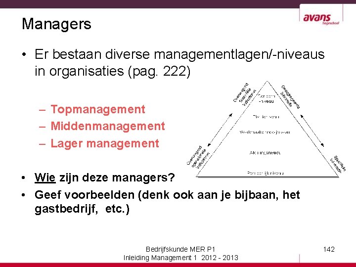 Managers • Er bestaan diverse managementlagen/-niveaus in organisaties (pag. 222) – Topmanagement – Middenmanagement