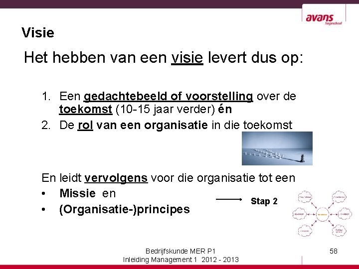 Visie Het hebben van een visie levert dus op: 1. Een gedachtebeeld of voorstelling