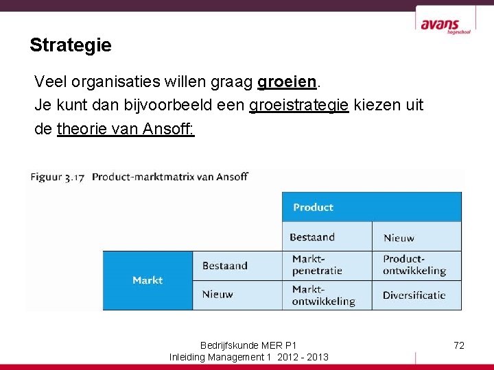 Strategie Veel organisaties willen graag groeien. Je kunt dan bijvoorbeeld een groeistrategie kiezen uit