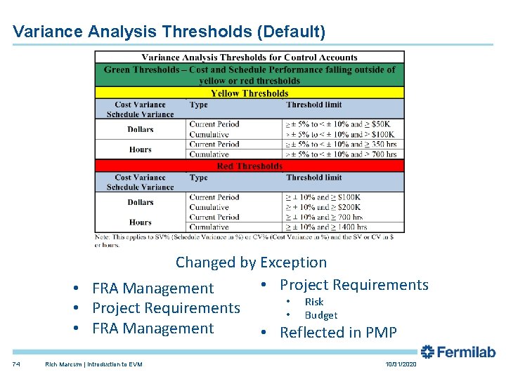 Variance Analysis Thresholds (Default) Changed by Exception • Project Requirements • FRA Management •