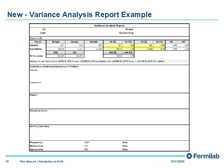 New - Variance Analysis Report Example 76 Rich Marcum | Introduction to EVM 10/31/2020