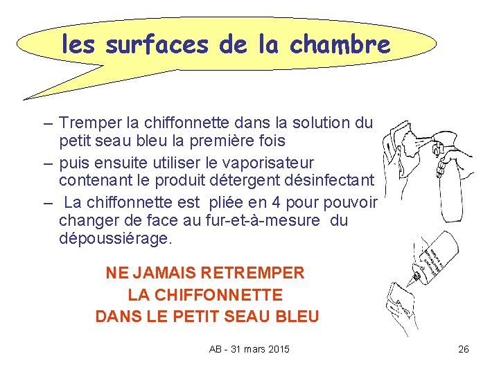 les surfaces de la chambre – Tremper la chiffonnette dans la solution du petit