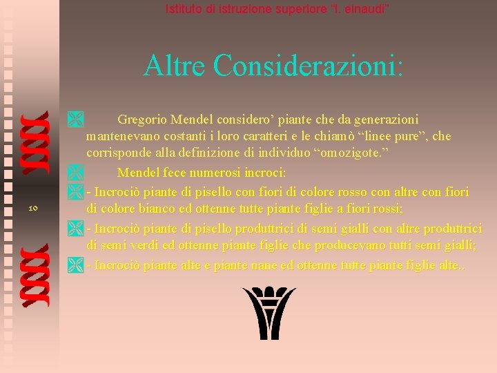 Istituto di istruzione superiore “l. einaudi” Altre Considerazioni: Ì 10 Gregorio Mendel considero’ piante