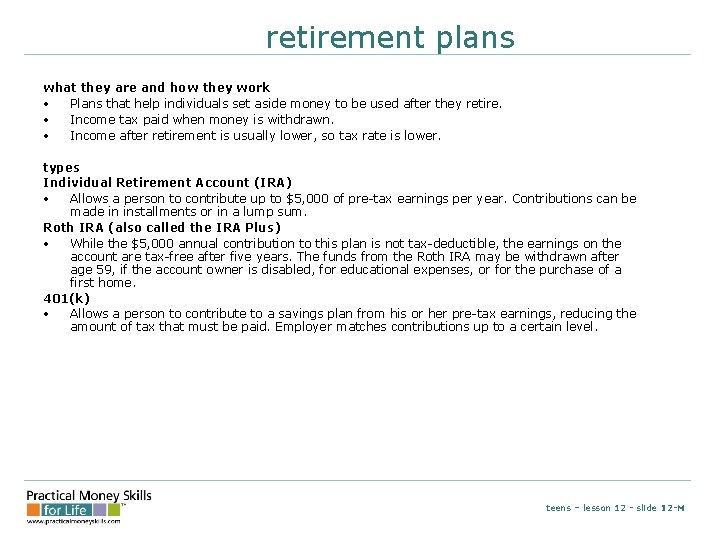 retirement plans what they are and how they work • Plans that help individuals