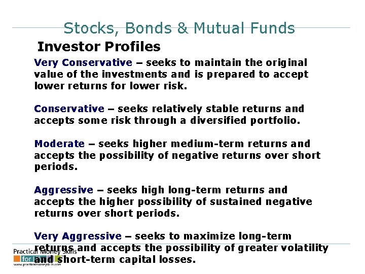 Stocks, Bonds & Mutual Funds Investor Profiles Very Conservative – seeks to maintain the