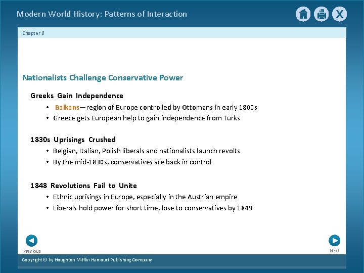 Modern World History: Patterns of Interaction Chapter 8 Nationalists Challenge Conservative Power Greeks Gain