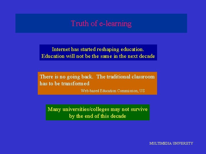 Truth of e-learning Internet has started reshaping education. Education will not be the same