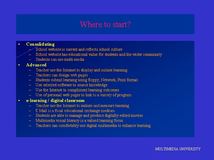 Where to start? • Consolidating – – – • Advanced – – – •