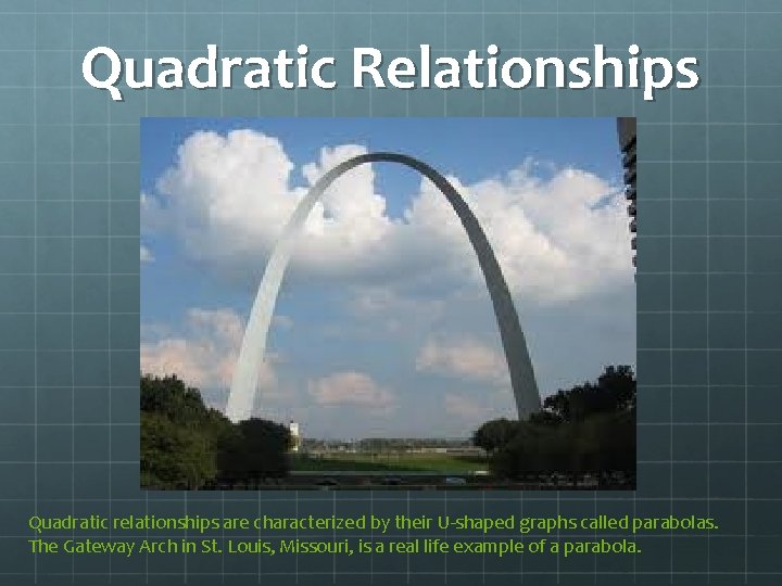 Quadratic Relationships Quadratic relationships are characterized by their U-shaped graphs called parabolas. The Gateway