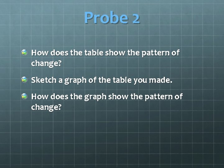 Probe 2 How does the table show the pattern of change? Sketch a graph