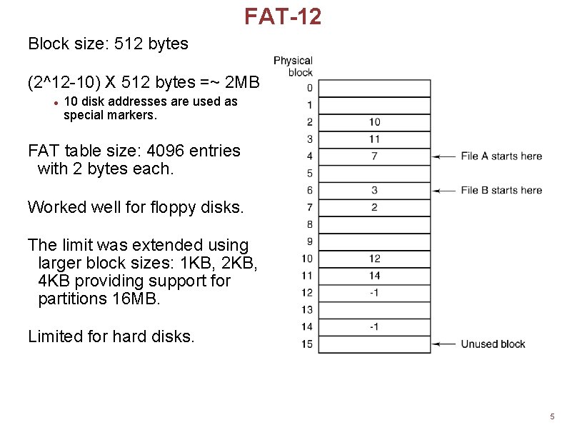 FAT-12 Block size: 512 bytes (2^12 -10) X 512 bytes =~ 2 MB 10