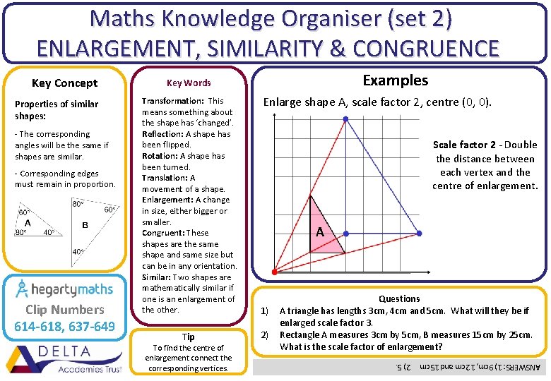 Maths Knowledge Organiser (set 2) ENLARGEMENT, SIMILARITY & CONGRUENCE Properties of similar shapes: Maths Knowledge Organiser (set 2) ENLARGEMENT, SIMILARITY & CONGRUENCE Properties of similar shapes:
