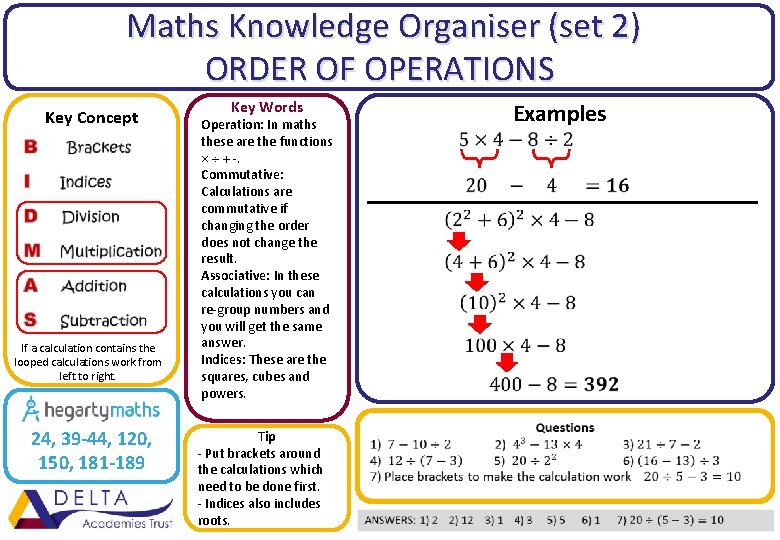 Maths Knowledge Organiser (set 2) ORDER OF OPERATIONS If a calculation contains the Maths Knowledge Organiser (set 2) ORDER OF OPERATIONS If a calculation contains the
