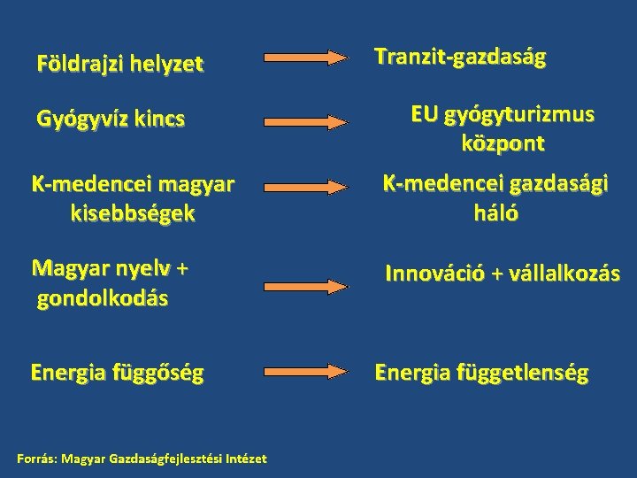 Földrajzi helyzet Gyógyvíz kincs Tranzit-gazdaság EU gyógyturizmus központ K-medencei magyar kisebbségek K-medencei gazdasági háló