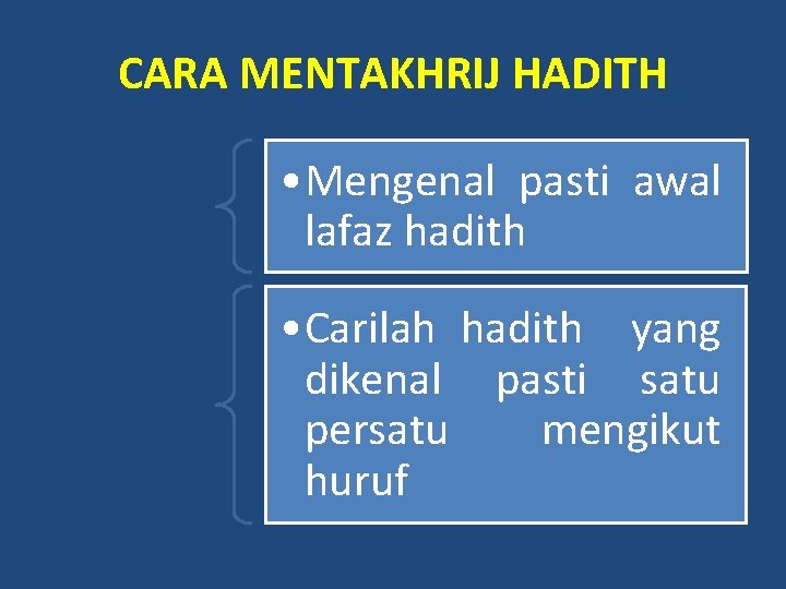 CARA MENTAKHRIJ HADITH • Mengenal pasti awal lafaz hadith • Carilah hadith yang dikenal CARA MENTAKHRIJ HADITH • Mengenal pasti awal lafaz hadith • Carilah hadith yang dikenal