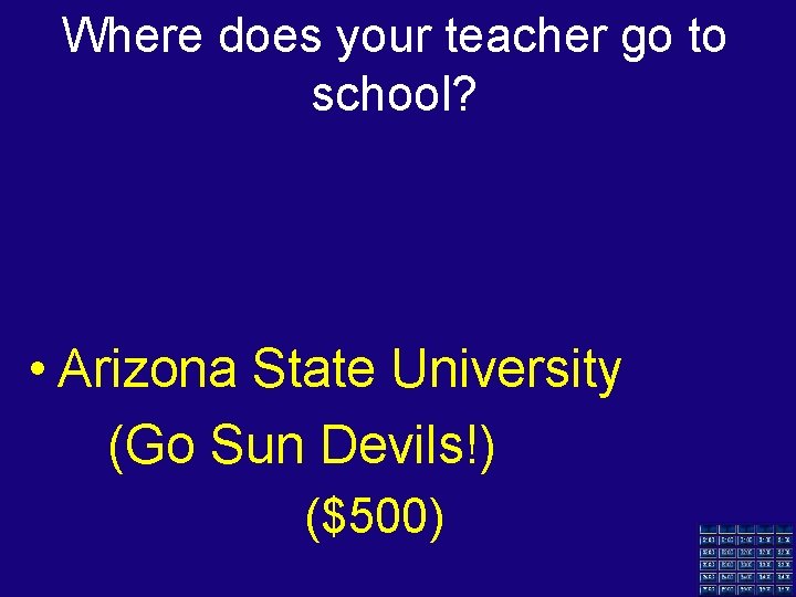 Where does your teacher go to school? • Arizona State University (Go Sun Devils!)