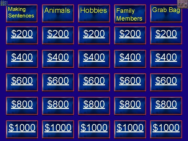 Making Sentences Animals Hobbies Family Members Grab Bag $200 $200 $400 $400 $600 $600