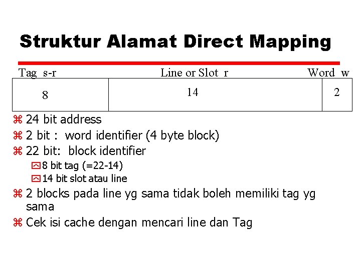 Struktur Alamat Direct Mapping Tag s-r 8 Line or Slot r Word w 14