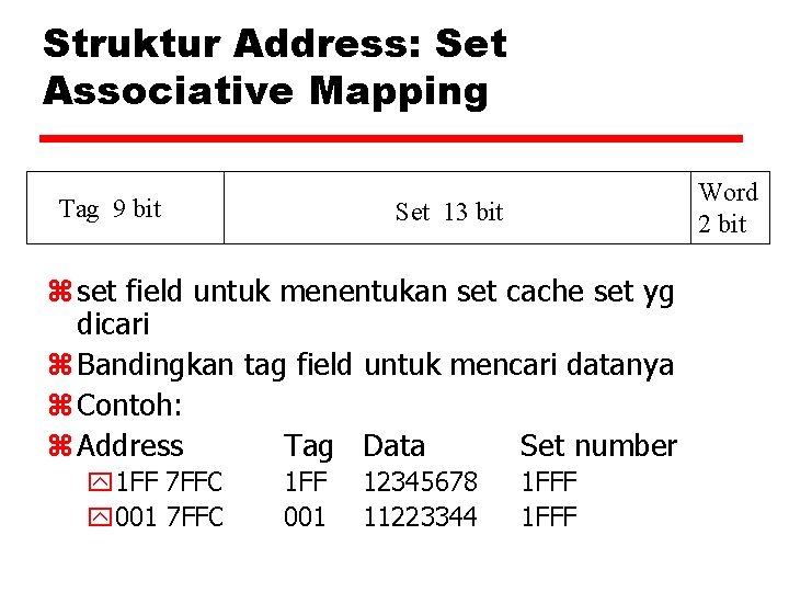 Struktur Address: Set Associative Mapping Tag 9 bit Word 2 bit Set 13 bit