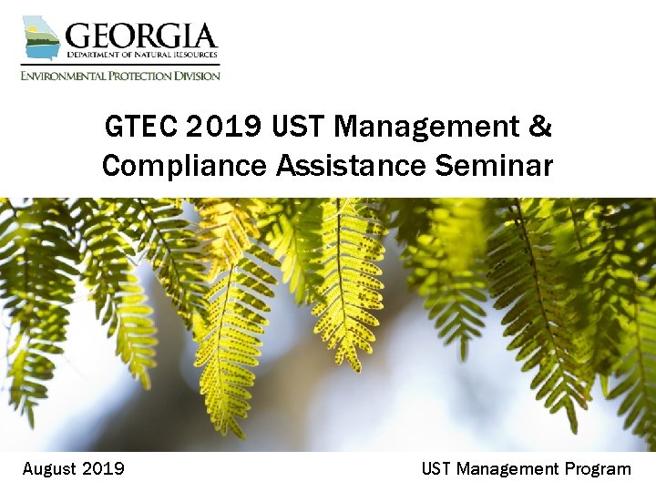 GTEC 2019 UST Management & Compliance Assistance Seminar August 2019 UST Management Program 