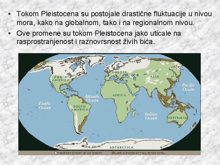  • Tokom Pleistocena su postojale drastične fluktuacije u nivou mora, kako na globalnom,