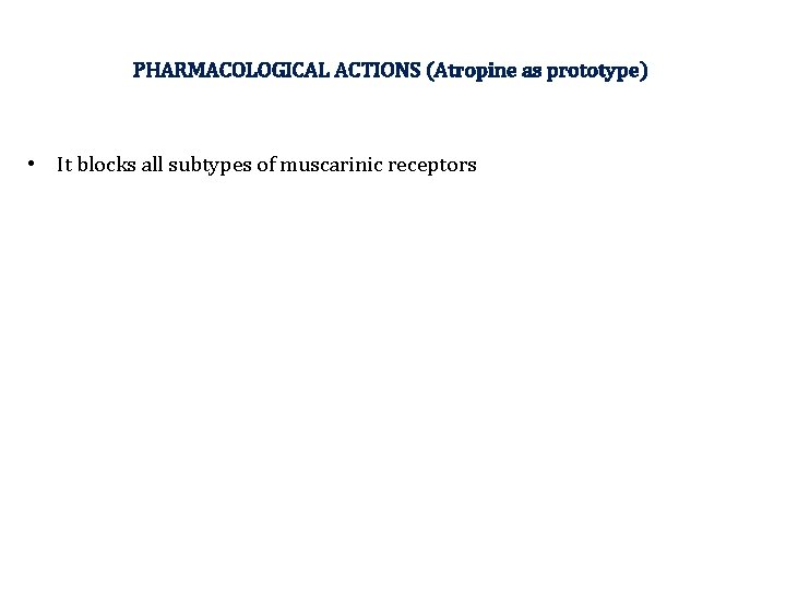 PHARMACOLOGICAL ACTIONS (Atropine as prototype) • It blocks all subtypes of muscarinic receptors 