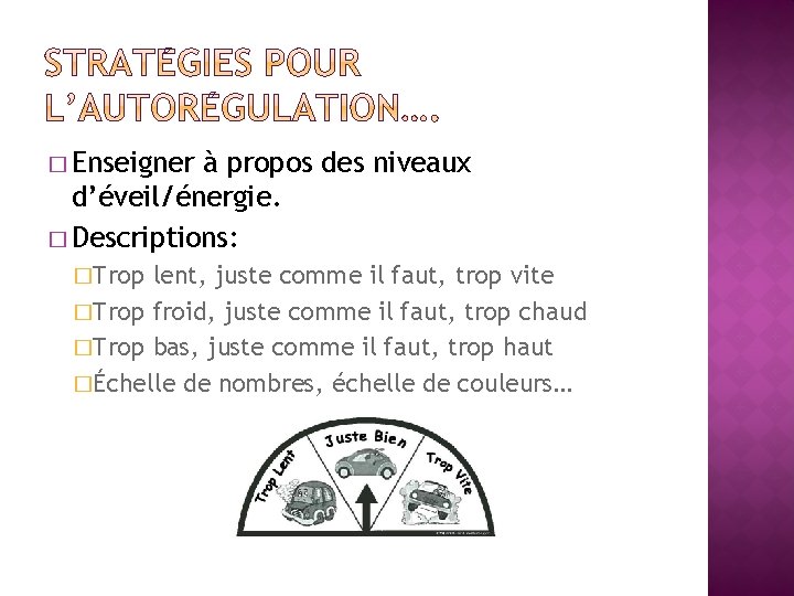 � Enseigner à propos des niveaux d’éveil/énergie. � Descriptions: �Trop lent, juste comme il