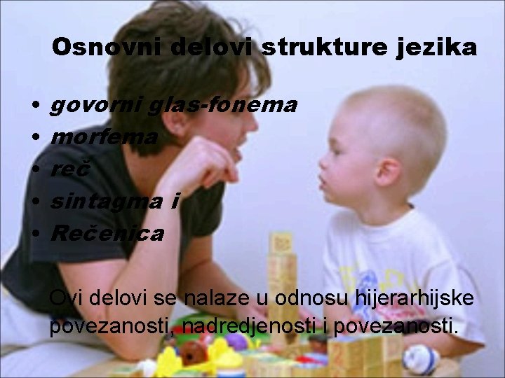 Osnovni delovi strukture jezika • • • govorni glas-fonema morfema reč sintagma i Rečenica