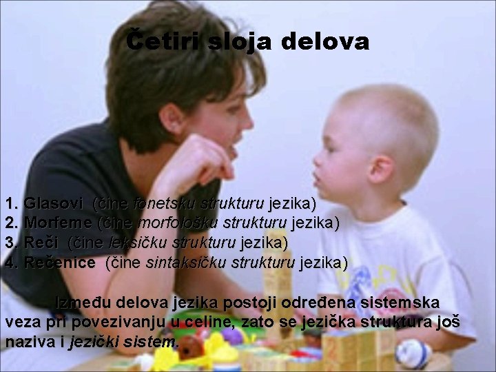 Četiri sloja delova 1. Glasovi (čine fonetsku strukturu jezika) 2. Morfeme (čine morfološku strukturu