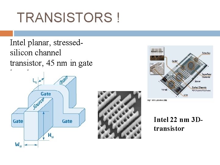 TRANSISTORS ! Intel planar, stressedsilicon channel transistor, 45 nm in gate length Intel 22