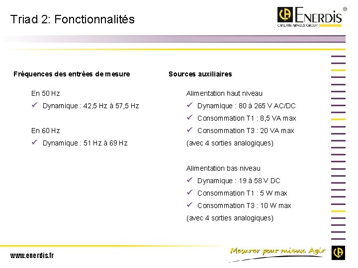 Triad 2: Fonctionnalités Fréquences des entrées de mesure Sources auxiliaires En 50 Hz Alimentation