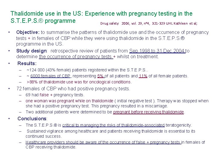 Thalidomide use in the US: Experience with pregnancy testing in the S. T. E.