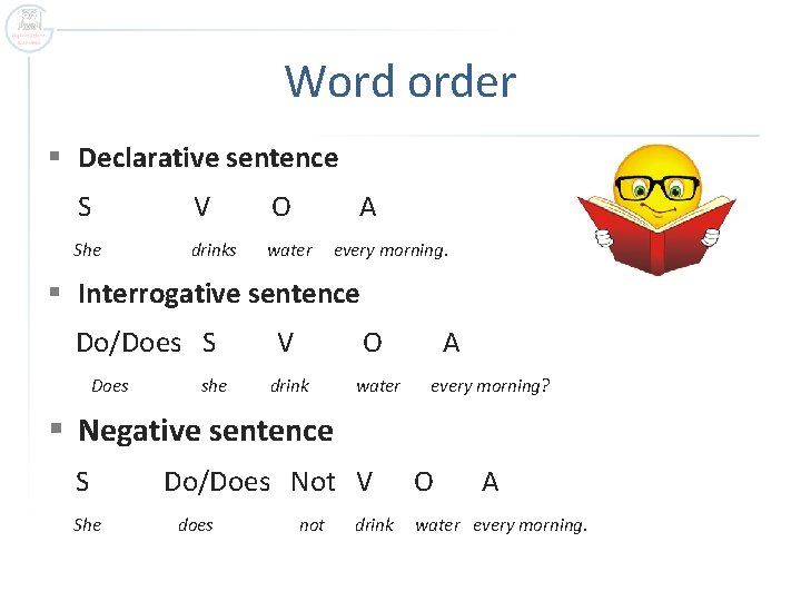 Word order § Declarative sentence S V O A She drinks water every morning.