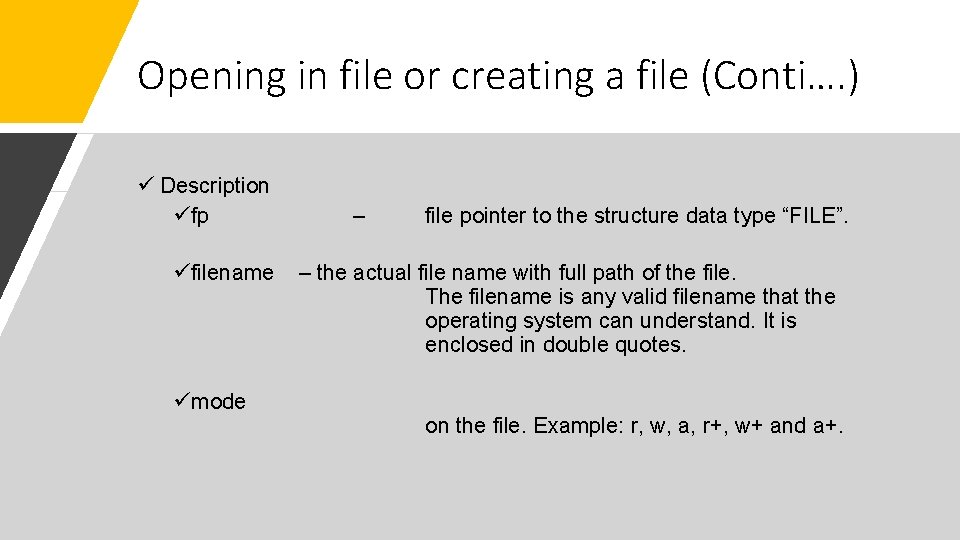 Opening in file or creating a file (Conti…. ) ü Description üfp – file