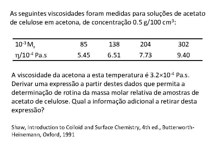 As seguintes viscosidades foram medidas para soluções de acetato de celulose em acetona, de