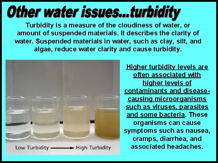 Turbidity is a measure of the cloudiness of water, or amount of suspended materials.