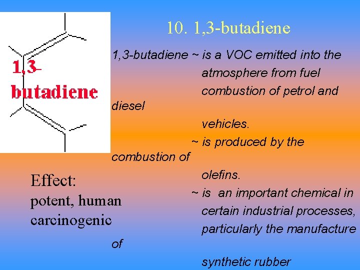 10. 1, 3 -butadiene ~ is a VOC emitted into the atmosphere from fuel
