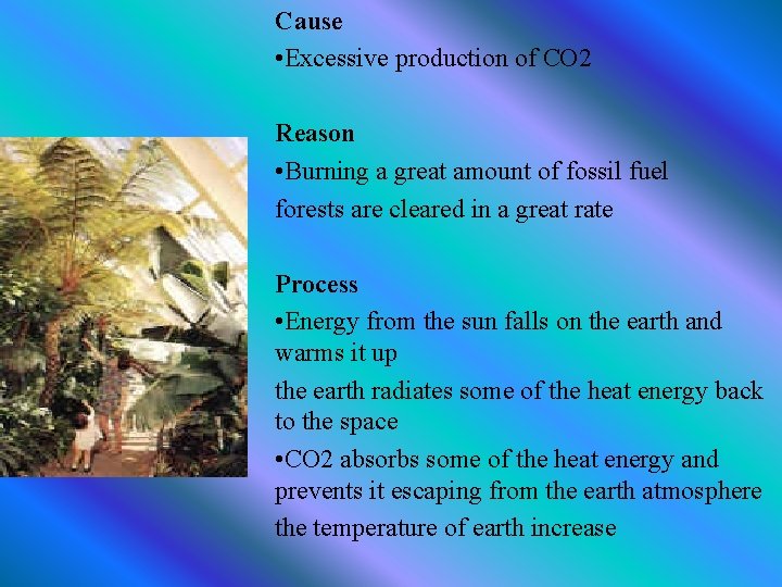 Cause • Excessive production of CO 2 Reason • Burning a great amount of