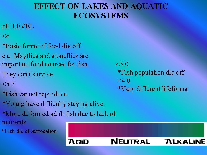 EFFECT ON LAKES AND AQUATIC ECOSYSTEMS p. H LEVEL <6 *Basic forms of food